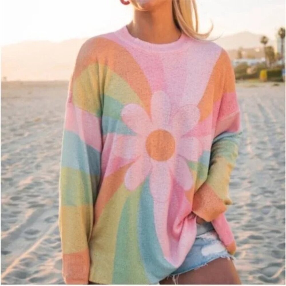Show Me Your Mumu x Barbie After Sun Knit Oversized Sweater Daisy Stripe Pink S